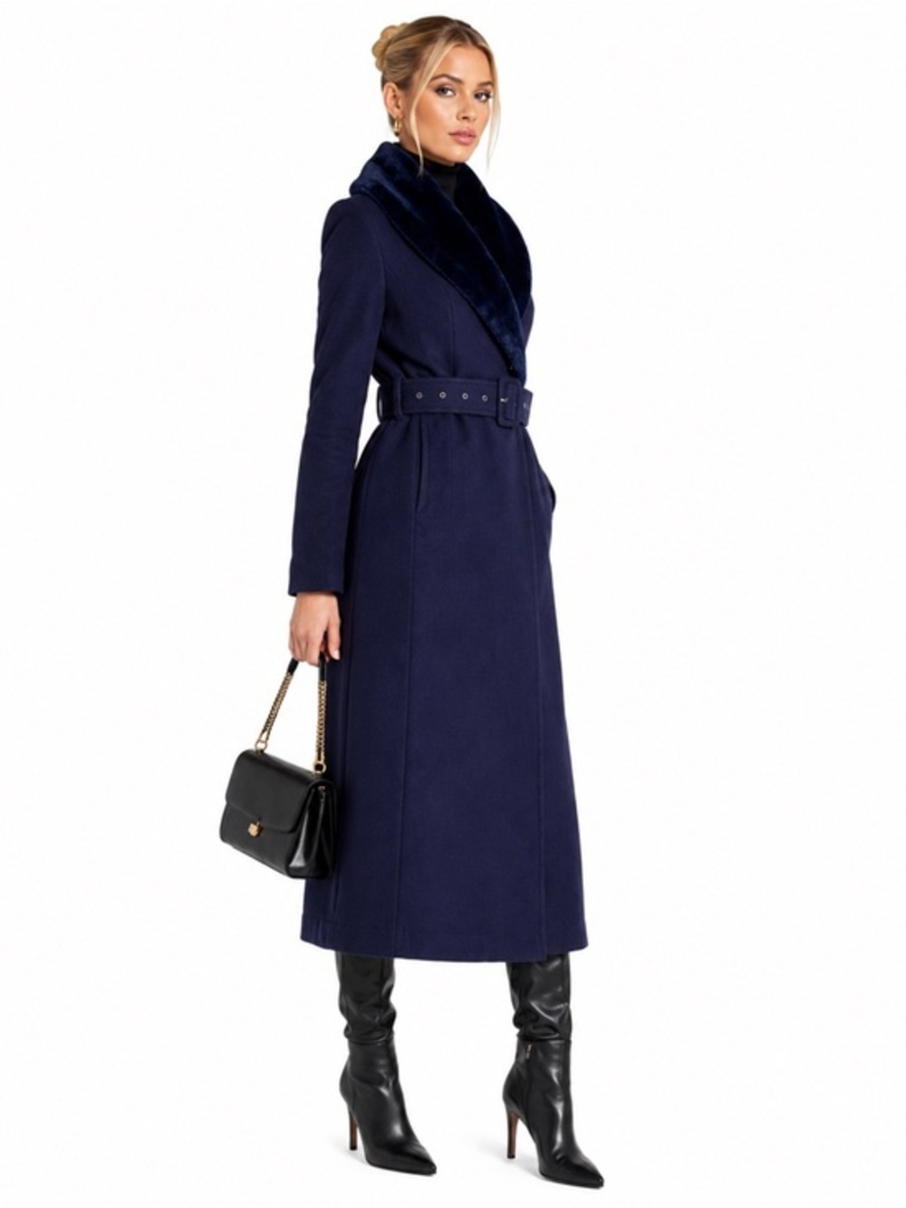 NEW Naked Wardrobe Navy Blue Faux Fur Collar Belted Long Coat Small Winter Lux